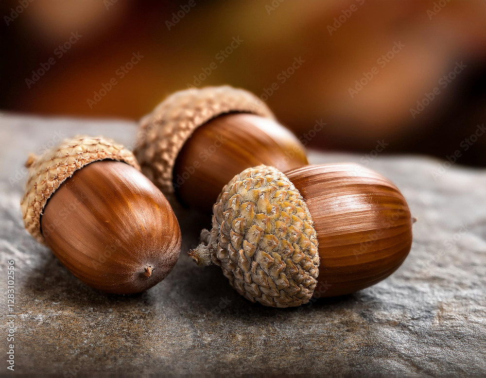 A close-up of several shiny brown acorns with textured caps resting on a rough stone surface. A close-up of several shiny brown acorns with textured caps resting on a rough stone surface.