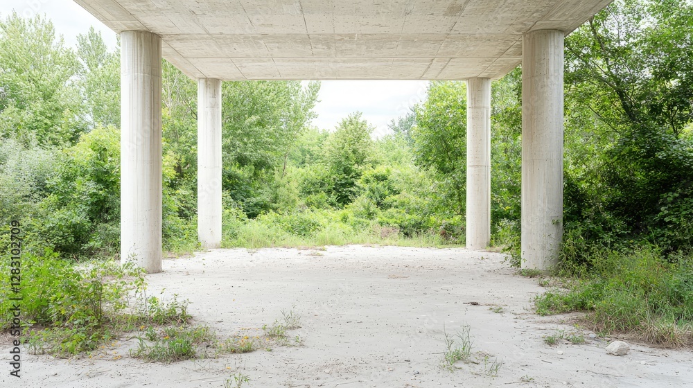 Fototapeta premium Overgrown bridge underpass, nature backdrop, tranquil scene, design