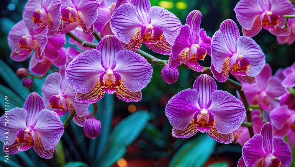Vibrant pink orchids in bloom surrounded by lush green foliage in a natural setting Vibrant pink orchids in bloom surrounded by lush green foliage in a natural setting