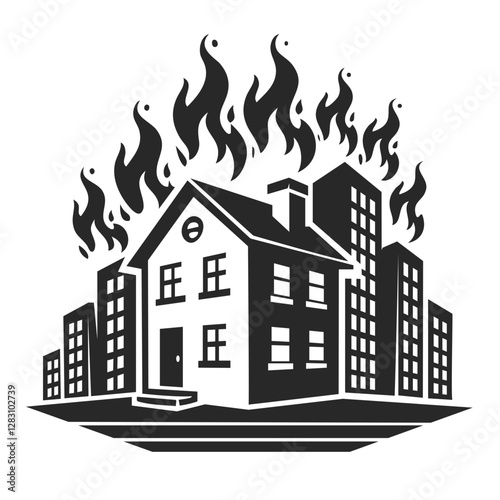 Silhouette of a house and city buildings on fire, symbolizing real estate disaster, crisis, or destruction.