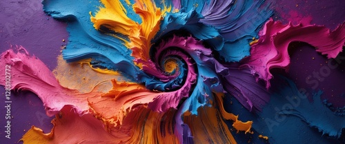 Colorful abstract swirl of paint in vibrant hues of orange, pink, blue and purple against a dark background photo