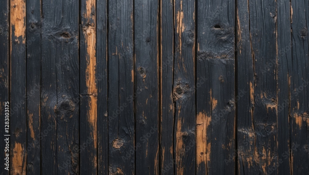 Black wooden panel background with weathered texture and visible knots and scratches. Horizontal planks with a rustic appearance. Black wooden panel background with weathered texture and visible knots and scratches. Horizontal planks with a rustic appearance.