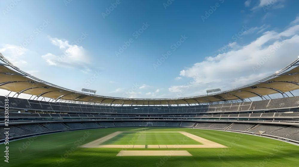 Fototapeta premium Expansive Sports Stadium Exterior With Green Field Clear Blue Sky And Cloudy Background