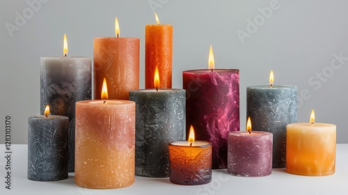 Lit Autumnal Candlescape Diverse Colors Textures of Burning Candles