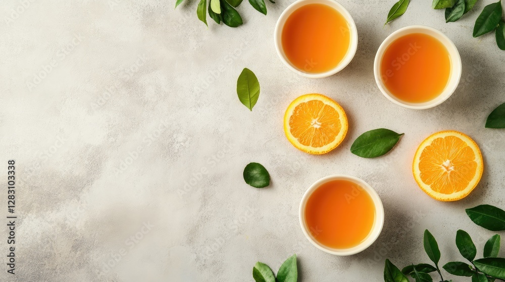 A fresh panna cotta with citrus zest and orange coulis, styled with modern elegance, leaving room for text on a clean surface.