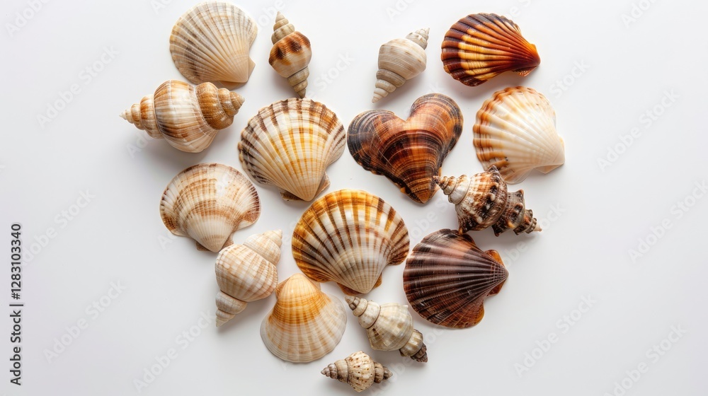 Seashells Arranged in Heart Shape on White Background Summer Beach Ocean Theme Seashells Arranged in Heart Shape on White Background Summer Beach Ocean Theme