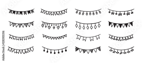 Holiday bunting doodle set. Hand drawn outline birthday garland of flags, hearts, stars, circles. Children doodle drawing