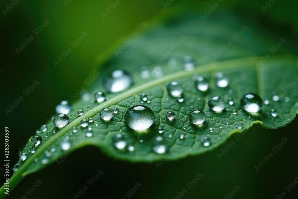 Water droplets clinging to a green leaf after rain Water droplets clinging to a green leaf after rain