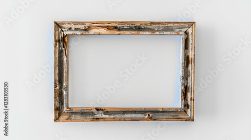 Rustic Weathered Wooden Picture Frame on White Background Empty Frame Vintage Design