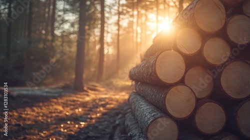 wood logs neatly stacked in a logging site within a dense forest a symbolic scene of deforestation timber harvesting and environmental change with a rustic and natural outdoor atmosphere