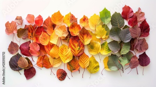 Vibrant Autumn Leaves Collection Colorful Fall Foliage Arranged in Gradient on White Background