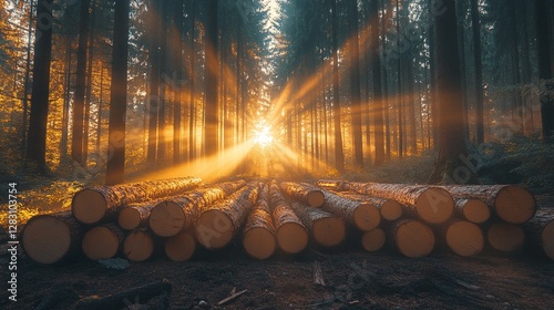 wood logs neatly stacked in a logging site within a dense forest a symbolic scene of deforestation timber harvesting and environmental change with a rustic and natural outdoor atmosphere