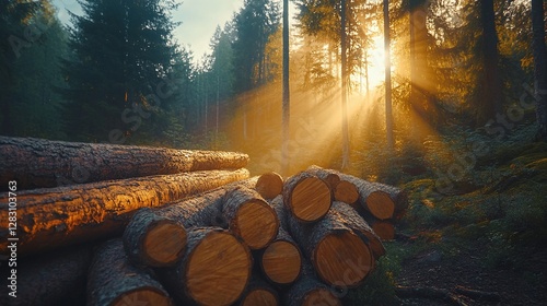 wood logs neatly stacked in a logging site within a dense forest a symbolic scene of deforestation timber harvesting and environmental change with a rustic and natural outdoor atmosphere