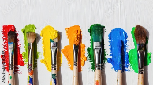 Colorful Paintbrushes with Vibrant Acrylic Paint Strokes on White Background