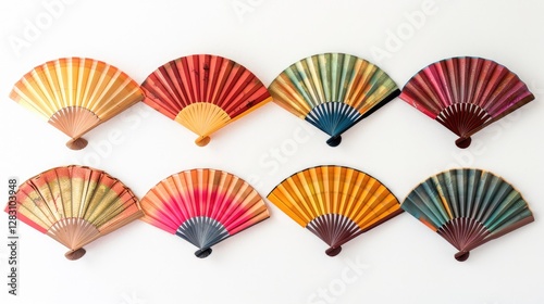 Eight Colorful Hand Fans Arranged on a White Wall Asian Decor Summer Accessory
