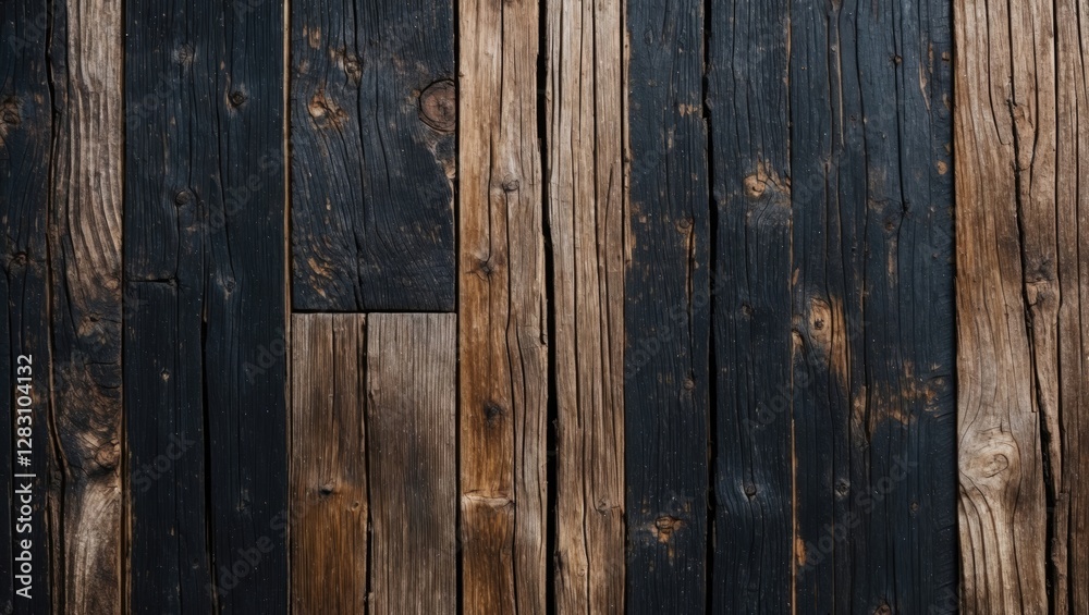 Fototapeta premium Dark weathered wooden planks with varied textures and colors in a rustic pattern suitable for backgrounds and surface designs