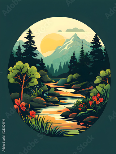Vector art style landscape. Sunset in mountains	