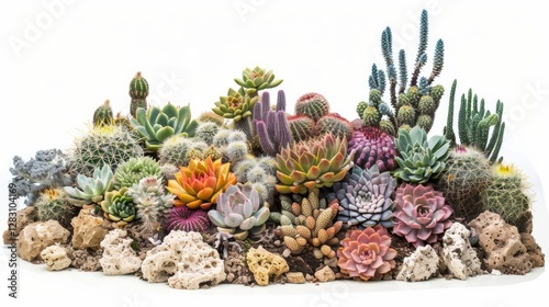 Vibrant Succulent and Cactus Collection Desert Plants Arrangement in Detailed Close up