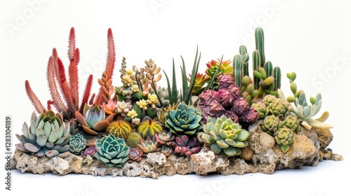 Vibrant Succulent and Cactus Garden Arrangement on Rock Isolated on White Background