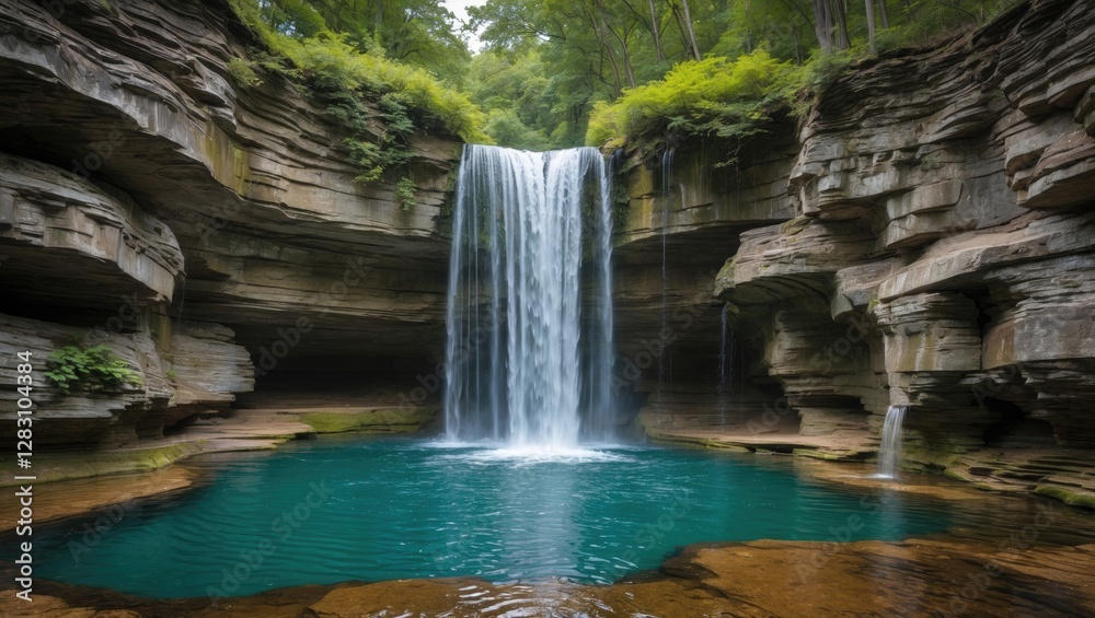 Fototapeta premium Stunning Devils Punch Bowl Waterfall cascading into crystal clear pool surrounded by dramatic rock formations in Hamilton Ontario.