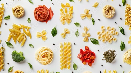 Assorted Pasta Types Fresh Tomatoes Basil and Broccoli Italian Food Background