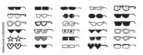 Thug glasses. Cool glasses graffiti grunge black sunglasses set, brush scribble hand drawn doodle elements
