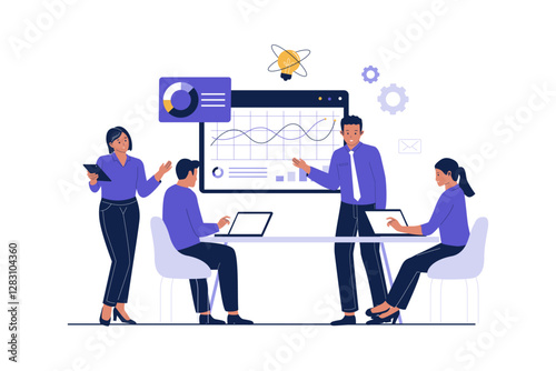 Illustration of business data analysis team meeting . Project development, data analytics, business plan. Illustration for websites, landing pages, mobile apps, posters and banners.