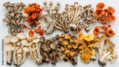 Assortment of Colorful Wild Mushrooms Fungi Collection Edible and Non Edible Varieties