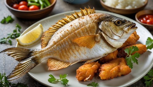 Crispy Deep Fried Fish with Accompaniments Garnished with Fresh Herbs and Lemon Slices on a Platter with Side Dishes photo