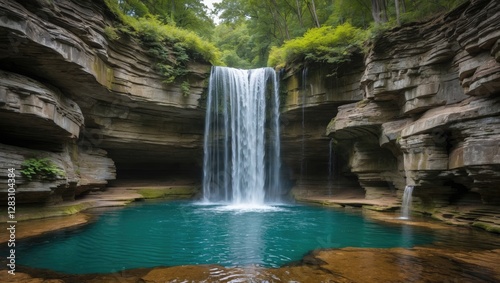 Stunning Devils Punch Bowl Waterfall cascading into crystal clear pool surrounded by dramatic rock formations in Hamilton Ontario.