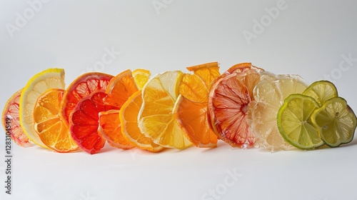 Vibrant Citrus Fruit Slices Lemons Oranges Grapefruits and Limes Arranged in a Colorful Row