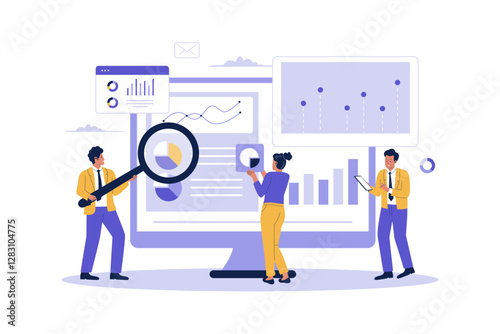 Illustration of people analyzing business data. Business group of people analyzing on a web report dashboard monitor. Illustration for websites, landing pages, mobile apps, posters and banners.