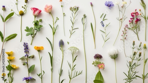 Vibrant Wildflower Collection Flat Lay of Diverse Summer Blooms on White Background
