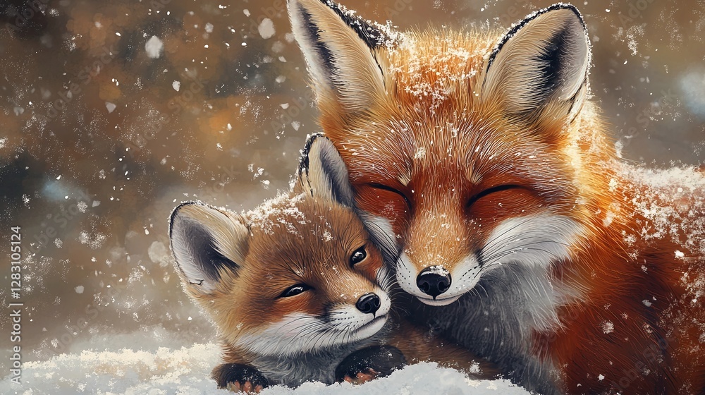Obraz premium mother fox and her baby cub bonding in the snowy winter landscape a beautiful nature wildlife moment capturing the love and warmth of parenting in the wild with a happy and playful scene