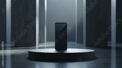 Sleek Smartphone Mockup on Modern Minimalist Platform Dark Ambient Studio Setting