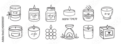 Candle doodle hand drawn icon set. Different shapes of wax candles, cubes, cylinders, balls. Burning candles