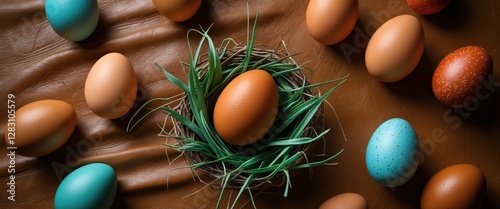 Colorful Easter eggs arranged around a nest on a textured background with grass and leather elements