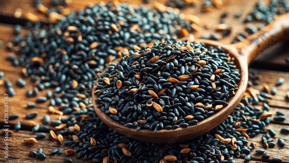 Dried black chia seeds in a wooden spoon with scattered seeds on a rustic wooden background showcasing organic and healthy food concept Dried black chia seeds in a wooden spoon with scattered seeds on a rustic wooden background showcasing organic and healthy food concept