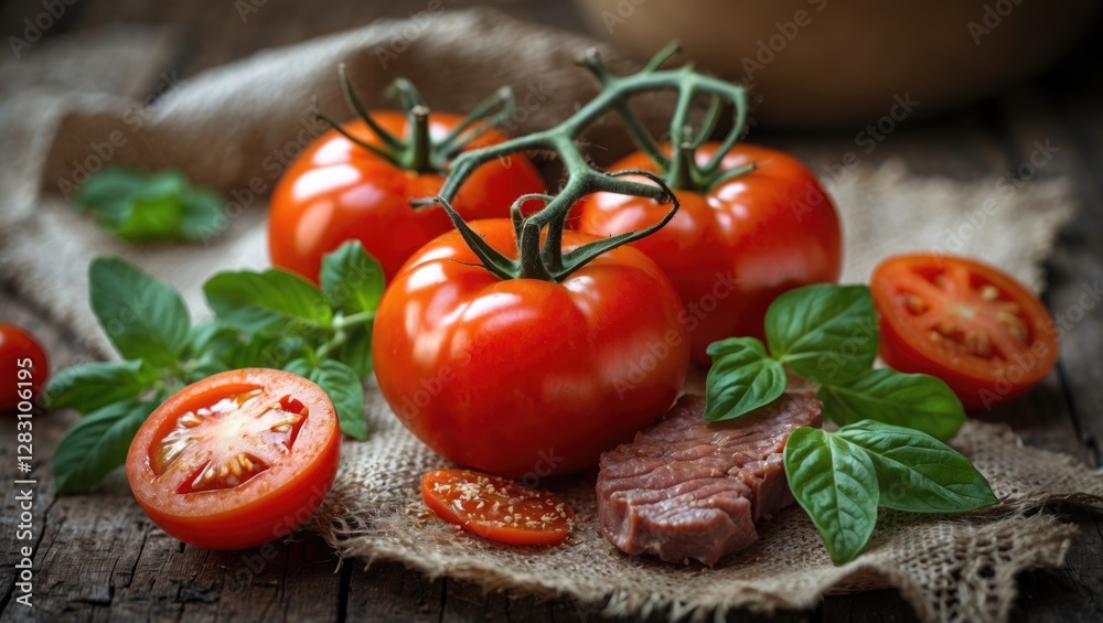 Fresh ripe tomatoes with basil leaves and sliced pieces on rustic wooden table Fresh ripe tomatoes with basil leaves and sliced pieces on rustic wooden table
