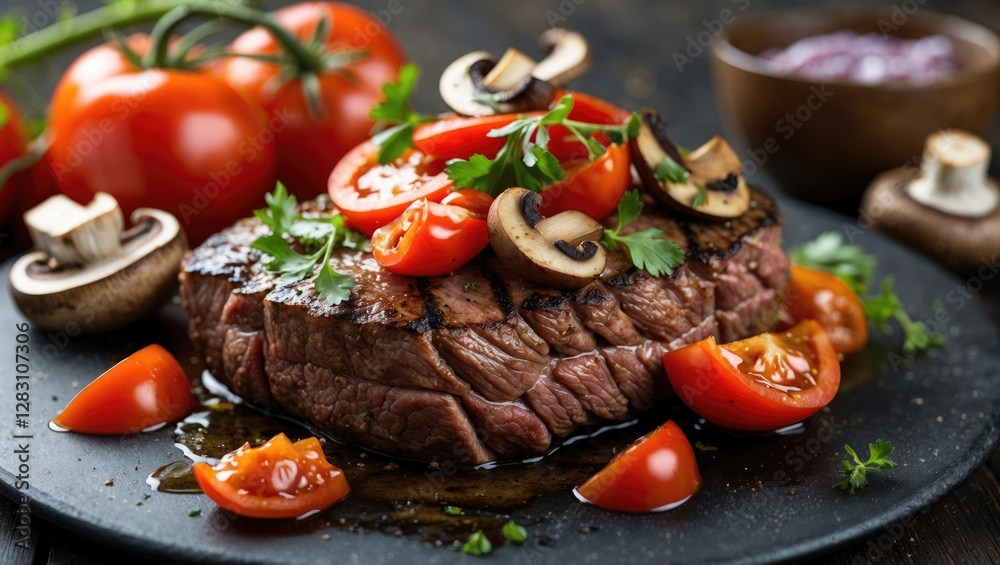 Grilled Beef Steak Topped With Fresh Tomatoes, Mushrooms, and Peppers Served on a Rustic Plate with Aromatic Herbs Grilled Beef Steak Topped With Fresh Tomatoes, Mushrooms, and Peppers Served on a Rustic Plate with Aromatic Herbs