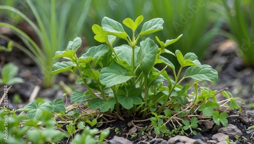 Fresh green Common Purslane plant thriving in a garden bed with soft, vibrant leaves and healthy growth amidst surrounding greenery. photo