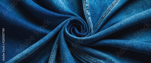 Close-up of blue denim fabric texture swirling in circular motion highlighting details of fibers and stitches photo