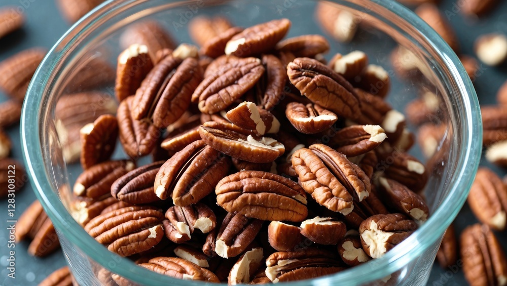 Pecans in a glass bowl showcasing their rich texture and color suitable for culinary and healthy snack concepts Pecans in a glass bowl showcasing their rich texture and color suitable for culinary and healthy snack concepts