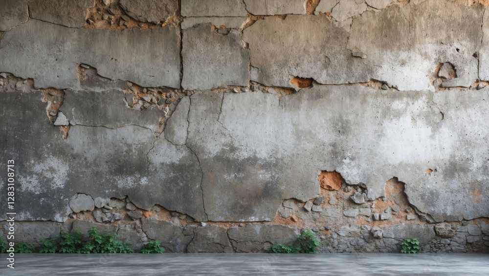 Fototapeta premium Textured old concrete wall with cracks and peeling paint in urban setting with green plants near base