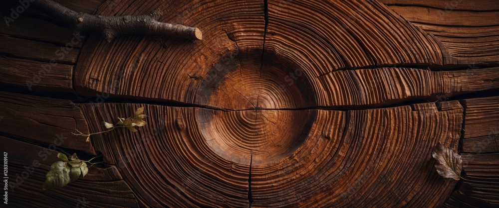 Fototapeta premium Wooden tree stump surface with growth rings and nature elements like leaves and branch for organic backgrounds and textures