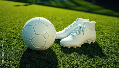 A realistic photograph of a clean, white soccer ball - mockup for text or logo resting on a green, manicured soccer field. Next to the ball are a pair of sleek, white football boots