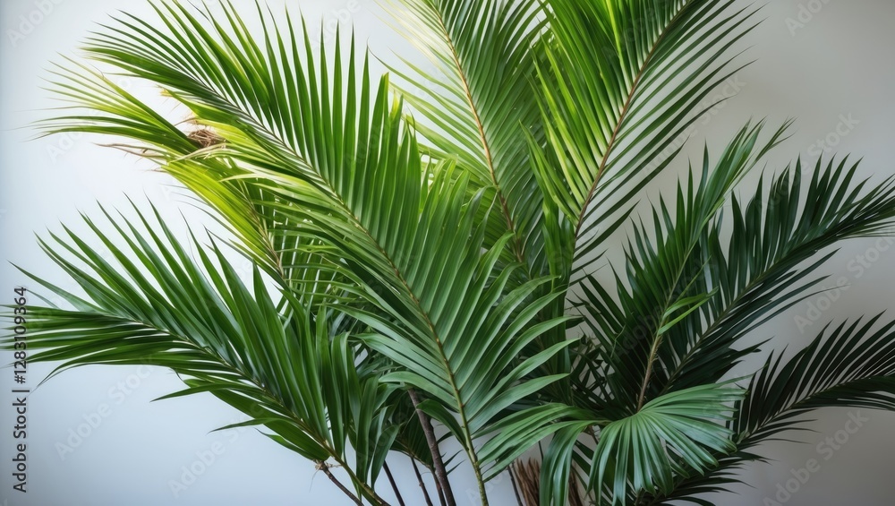 Naklejka premium Tropical palm plant with lush green fronds against a neutral background indoor setting