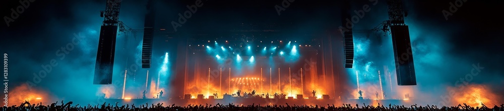 Fototapeta premium Spectacular concert with dynamic stage lights and excited crowd at night. Generative AI