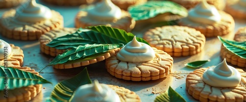 Pandan infused cookies topped with creamy milk frosting and fresh leaves arranged artistically for a delicious treat display. photo