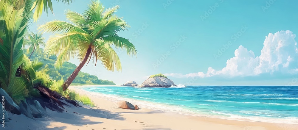 Tropical beach scene featuring a lush green palm tree on sandy shore, bright blue ocean waves, and calm azure sky with fluffy clouds. Tropical beach scene featuring a lush green palm tree on sandy shore, bright blue ocean waves, and calm azure sky with fluffy clouds.